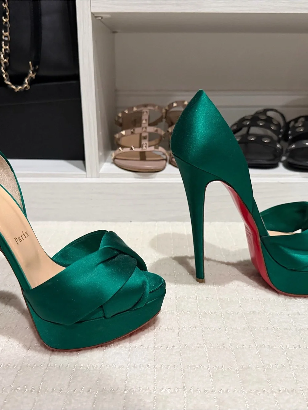 Christian Louboutin Emerald Green Satin Knotted Peep-Toe Platforms